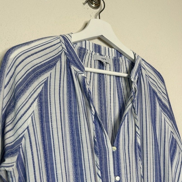 Fate Blue and White Striped Linen Blend Smocked Button Top Long Sleeve Dress S - Picture 3 of 14